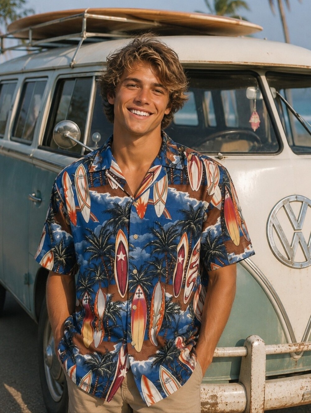 SURFBOARD Hawaiian Shirt Men's Size L Large RJC Brand EUC Made In Hawaiian